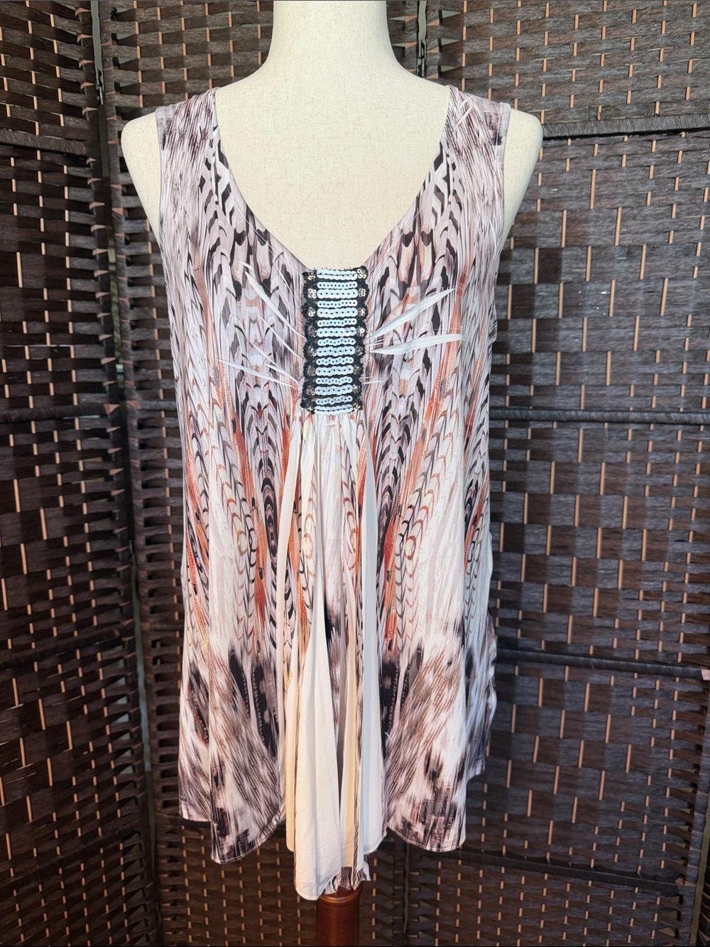 Sleeveless Printed V-Neck Tunic with Sequin Trim - Blush Multi